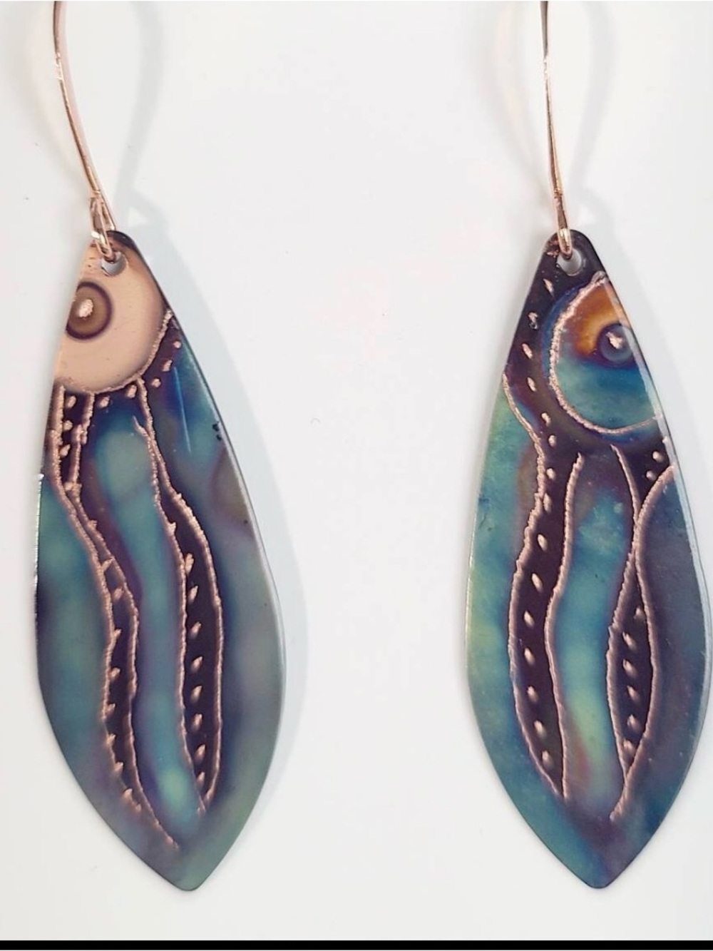 Flame Painted copper Handcrafted Blue-Green Teardrop Dangle Earrings